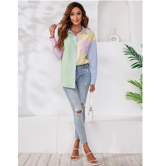 Multicolor Striped Casual Oversized Button Down Shirt (Blue, Green, Yellow, Pink - Picture 3 of 8
